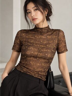 EAH CHANIE NWT Brown Monogram Rhinestone Sheer Stretch Mesh Y2K Top XL Statement